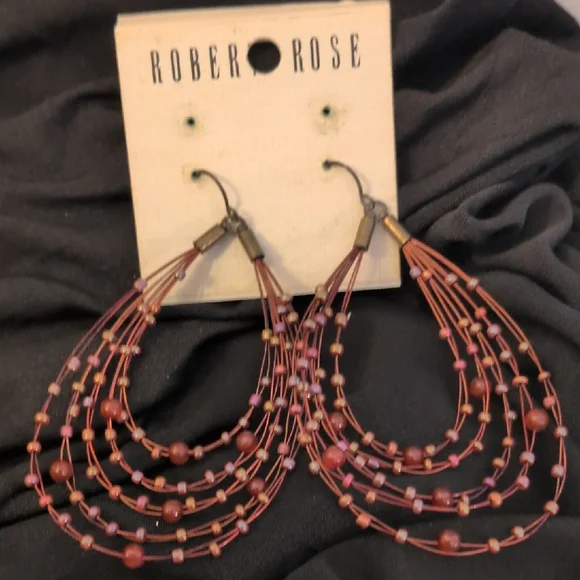 Robert Rose Rose-Pink Multi-Strand Beaded Hoop Boho Earrings - Picture 1 of 5
